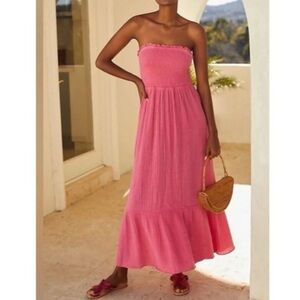 Anthropologie Pink Marisol Smocked Strapless Gauzy Maxi Dress Vacation Large